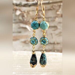 Victorian Natural Blue Turquoise W/ Flower Crystal In 18k Gold Plated Earrings